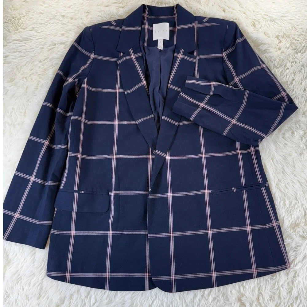 Leith Plaid Blazer Women's Medium Navy Blue Pink‎ Career Officewear Jacket Corp - Picture 2 of 12